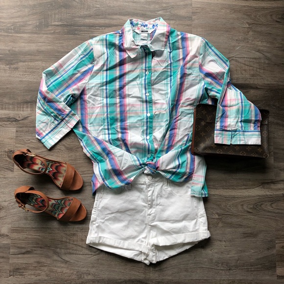 Vintage Alia Short Sleeve Plaid Button Up Shirt J - Picture 5 of 5